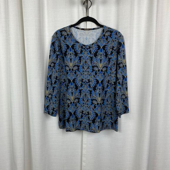 J.McLaughlin Black&Blue Leaf Print Catalina Cloth 3/4 Sleeve Blouse Sz.L - Picture 1 of 12